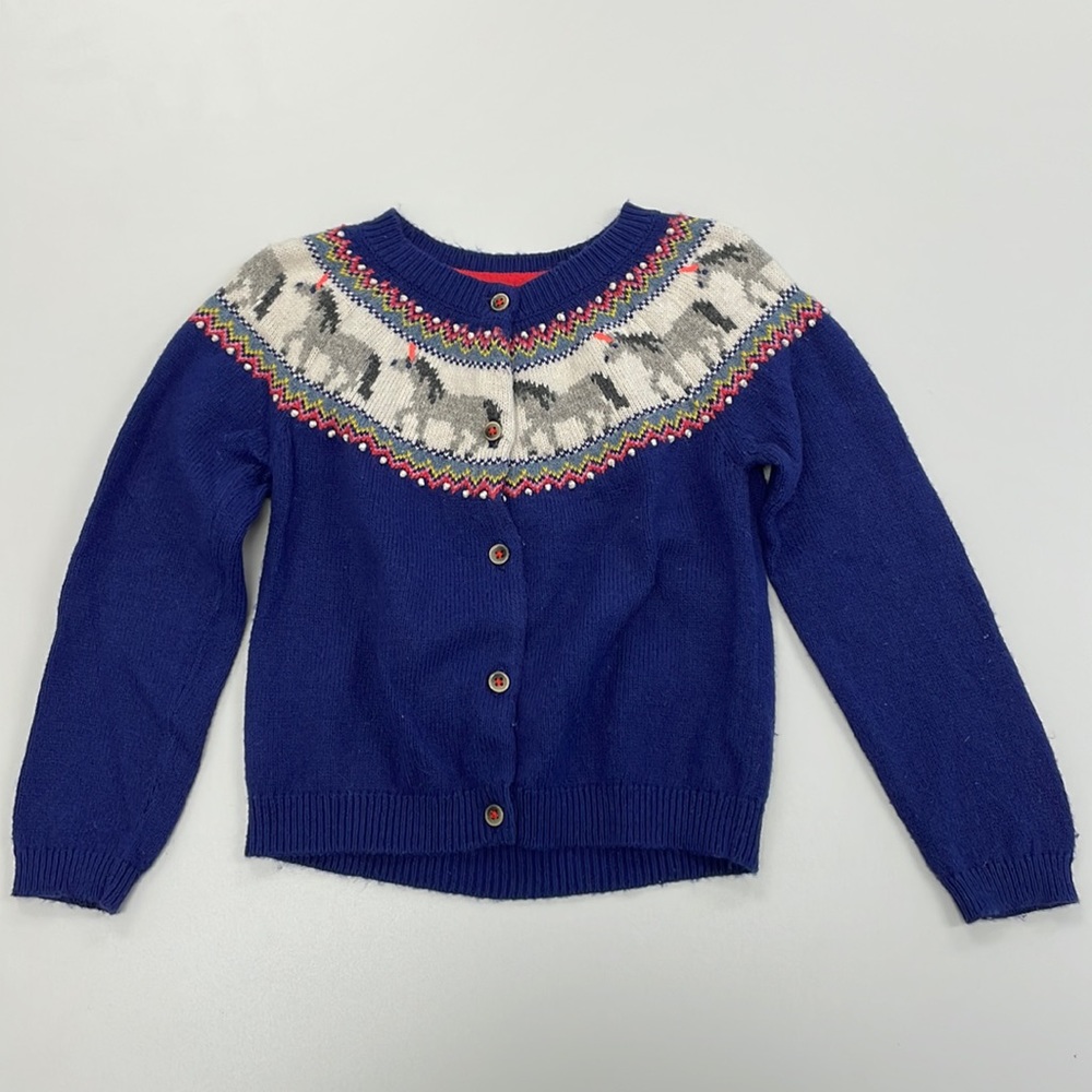 Mini Boden Navy Blue Faor Isle Unicorn Cardigan